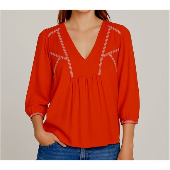 ba&sh Paris Amber Blouse Women’s Size Small Coral Embroidered V-Neck 3/4 Sleeve - Picture 9 of 9